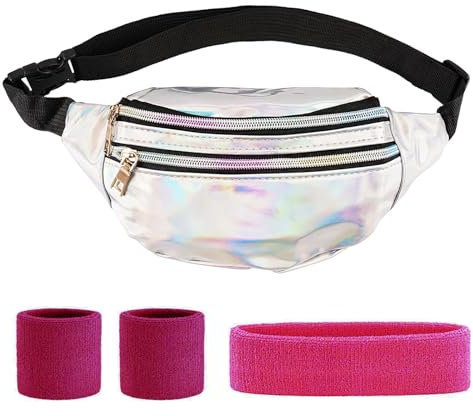 80er 90er Jahre Bauchtasche Stirnband Neon, 80er 90er Jahre Outfit Damen Schillernde Silber Bauchtasche und Neon-Pinke Schweißbänder Kostüm Accessoires für Retro Party Karneval Fasching Halloween