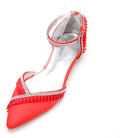 ZhiQin Red,7 UK, Wedding Shoes Flat Ballet Women's Satin for Bride Pumps Dress Shoes Buckle Bridesmaid Shoes