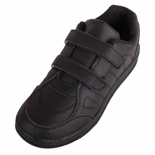 Childrens Kids Faux Leather Double Touch and Close Sports Trainers - Black - UK Child 2 / EU 35