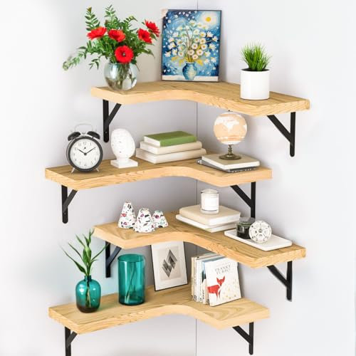 Floating Corner Shelves Wall Mounted: Set of 4 Rustic Shelf Bedroom - L-Shaped BookShelf Bathroom Shelf Large 100% Wood - Decor Storage Display Shelving for Home Living Room Bathroom Kitchen Office