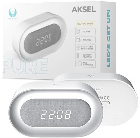 Forever Light LED Wecker mit Nachtlicht FNL‑07 Aksel | Digitaler Wecker mit 1200 mAh Akku, USB‑C, Sanfter Beleuchtung & Alarmfunktion | Geräuschlos | Weiß | Modern & länglich