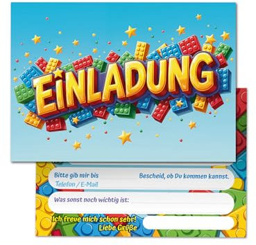 Junaversum 12 Einladungskarten zum Kindergeburtstag Bausteine Mädchen Jungen Kinder coole bunte Einladungen Geburtstag Geburtstagseinladungen Kids