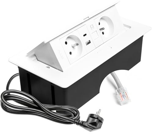 GTV Prise encastrable Multisoft blanche avec 2 prises de courant avec terre, USB A+C, RJ45, escamotable avec couvercle, câble de 1,5 m, pour cuisine, bureau, table de conférence et de travail