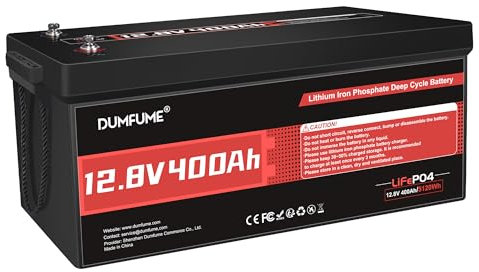 Dumfume Batterie Lithium 12V 400Ah LiFePO4, 5120Wh 15000 Cycles, BMS 200A Intégré - Pour Stockage d'Énergie Domestique, Solaire, Camping-Car, Moteurs de pêche & Applications Hors-Réseau