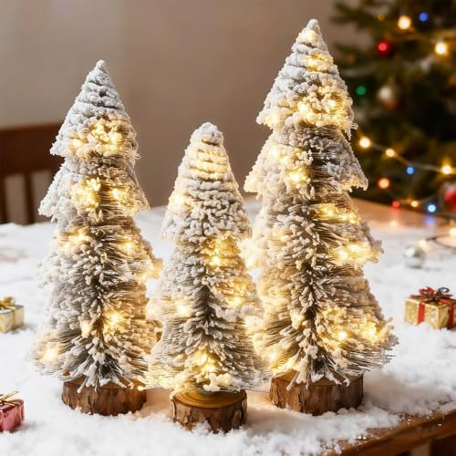 3 Stück Mini Künstliche Weihnachtsbäume, LED Weihnachtsbaum Künstlich mit Holzständer und Aufbewahrungstasche, Realistischer Tannenbaum, Künstlicher Tannenbaum, Weihnachtsbaum Deko(15/20/25cm)