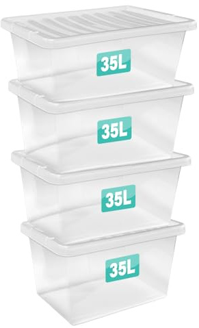 Optimal Products 4 x 35 Litre Storage Boxes With Lids Set of 4, Clear Multipurpose Nestable Stackable Plastic Storage Box With Lid Clear Containers For Home, Kitchen, Garage, Office, Accessories