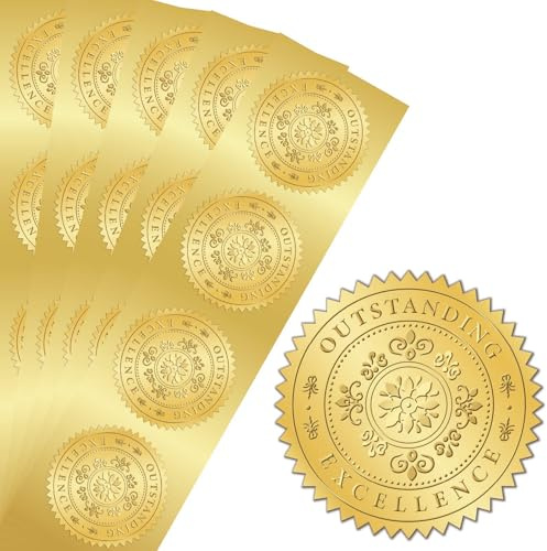 PRESSINART 100 Stück 2 Zoll Gold Siegel Aufkleber Auszeichnung Goldfolie Brief Siegel Rund Selbstklebend Prägung Medaille Dekoration Für Zertifikate Einladungen Grußkarten Party Basteln
