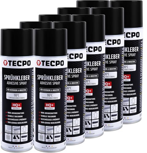 TECPO Colla spray 1K, 10 x 500 ml, per baldacchino, schiuma, cielo nuvoloso e pannelli acustici, spray adesivo trasparente fino a 110 °C, resistente al calore