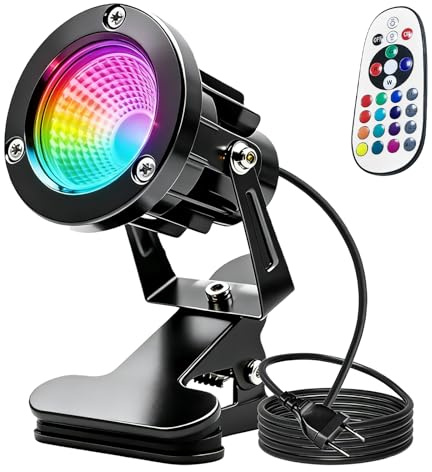 Faretto LED a morsetto con telecomando, interruttore a spina, IP65, impermeabile, per interni ed esterni, diverse tonalità, faretto LED da 6 W con cavo da 1,8 m, spina per esterni, cortile/prato