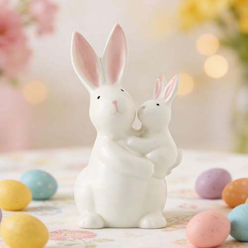 Xevinas Osterhase Deko, Osterhase Keramik Mit 2 Größe, Höhe 10 cm Und 15.5 cm, Osterdeko Modern Niedliche Deko Hase Mit Langen Ohren, Multifunktionale OSTE-rhase Porzellan Für Ostern Tischdeko (M)