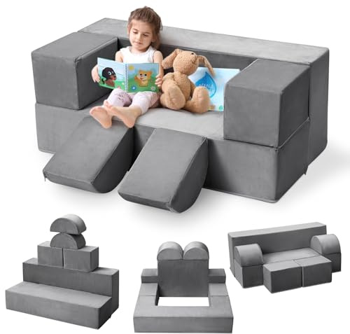 JOLLYTOP 12 Pcs Modular Kids Play Couch, Fold Out Toddler Couch with 2 Balls and Tunnel, Soft Foam Convertible Kids Sofa for Playroom, Child Sectional Sofa for Playing, Sleeping, Creating, Dark Gray