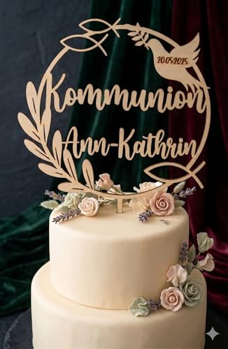 Cake Topper Taufe mit Namen Datum für Kommunion, Konfirmation, Firmung - Tortenstecker mit Ichthy Fisch Taube aus Holz - Breite 15 cm, feinste Lasergravur