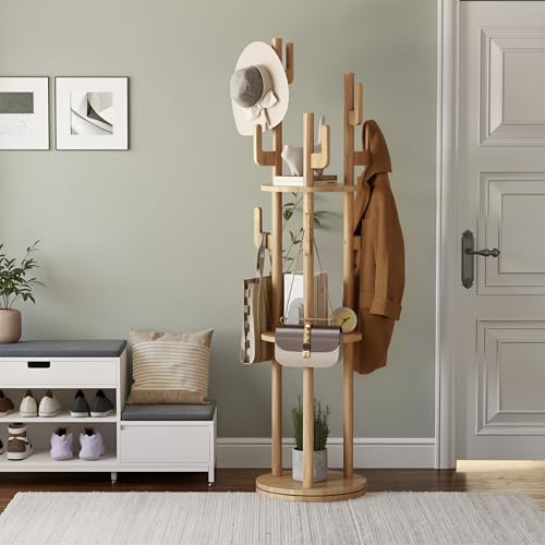 Portemanteau sur Pieds Rotatif en Bois Massif, Portant à Vêtement d’Entrée Avec 3 étagères et 9 crochets en L, Portant a Vetement Bois pour Vêtements,Sacs,Chapeaux, pour Maison,Bureau,Entrée,Couloir