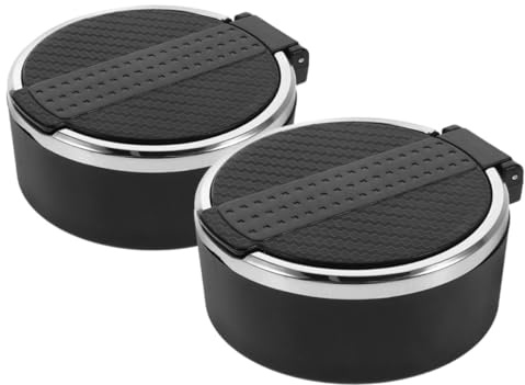 KICHOUSE Kompakter Auto Müll Aschenbecher 2er Pack aus Kunststoff Schwarz mit Deckel, Anti Asche Funktion, geeignet für Becherhalter und Reisen