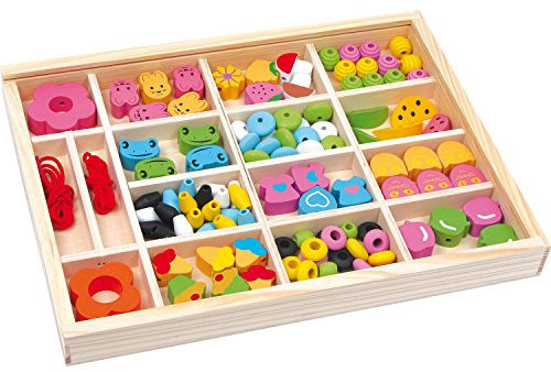 small foot 2463 Fädelbox „Julia“ aus Holz, Fädelspiel mit bunten Holzperlen, Schmuck, Armbänder, ab 3 Jahren
