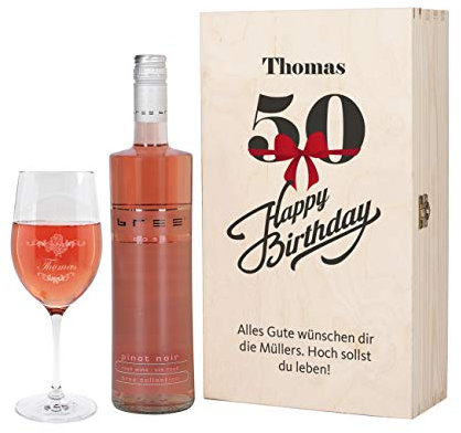 Herz & Heim® Bree Wein-Präsent zum 50. Geburtstag mit graviertem Weinglas und Bree Wein zur Auswahl in Geschenkkiste Rosé