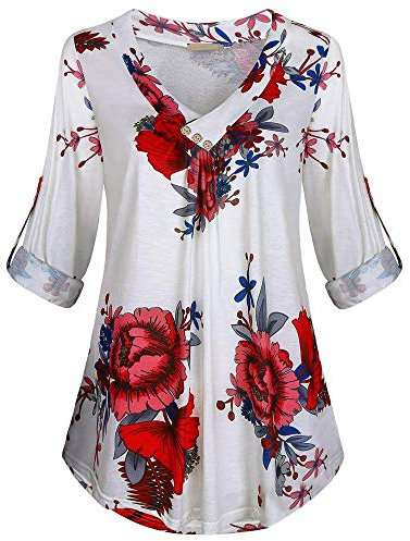 iHENGH Damen Frühling Sommer Top Bluse Bequem Lässig Mode Frauen Blusen Plus Size Langarm Print V Ausschnitt Button Pullover Tops Shirt(Weiß, 5XL)