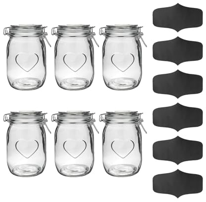 Nicola Spring Heart Shaped Glass Storage Jar with Airtight Clip Lid & Chalkboard Labels - 1000ml - 6 Pack - 4 Colour Seals - Vintage Preserving Container for Pickling, Chutney, Jam, Coffee, Oats