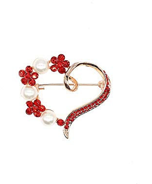 Broche en forme de cœur pour femme avec cristaux transparents et perles (Perle Blanche + Cristal Rouge, Or rose)