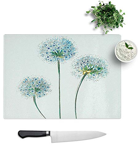 Glass Chopping Board, Blue Dandelion Flowers, 28.5x20 cm | Textured Glass Worktop Saver with Non-slip Feet, Hygienic Cutting and Serving Board for Protecting Kitchen Surfaces