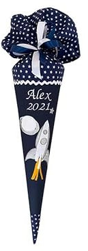 Glückspilz Schultüte mit Namen personalisiert, Weltraum Rakete, Zuckertüte aus Stoff genäht, mit Rohling und Kissen, Blau