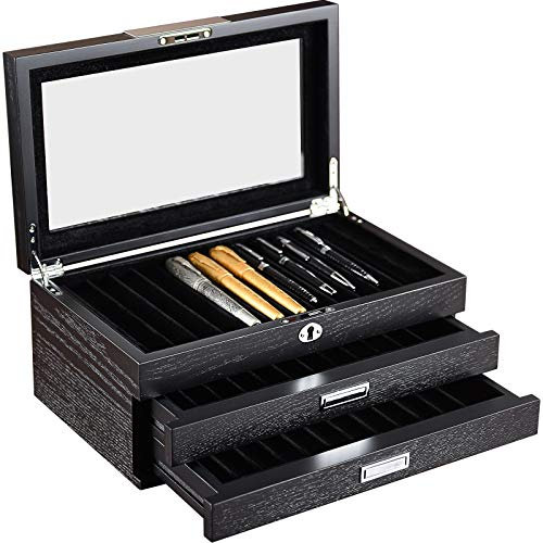 LOEAPEA Wood Pen box for 36 Pens Storage Display Case and Fountain Pen Collector Large Organizer Box with Drawers Three Layer Showcase,Gift for Father's Day (Black)