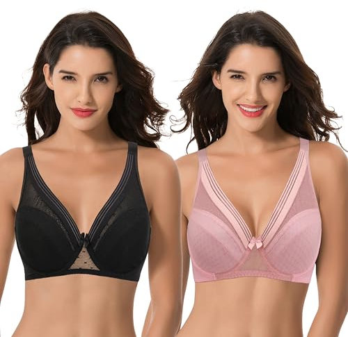 Curve Muse Soutien-Gorge à Armatures en Maille sans Doublure Taille Plus pour Femmes-Paquet de 2-Noir, Rose-95G