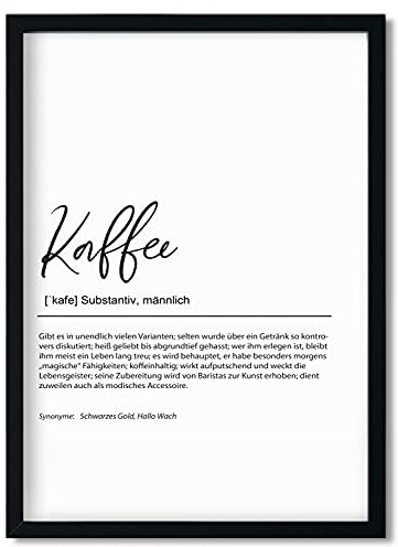 Urhome Kunstdruck Definition Kaffee mit Bilderrahmen Schwarz in DIN A4 - Worterklärung wie im Duden Lexikon Wandbild Wanddeko mit Spruch Holz Rahmen für Wohnung Familie Freunde Geschenk