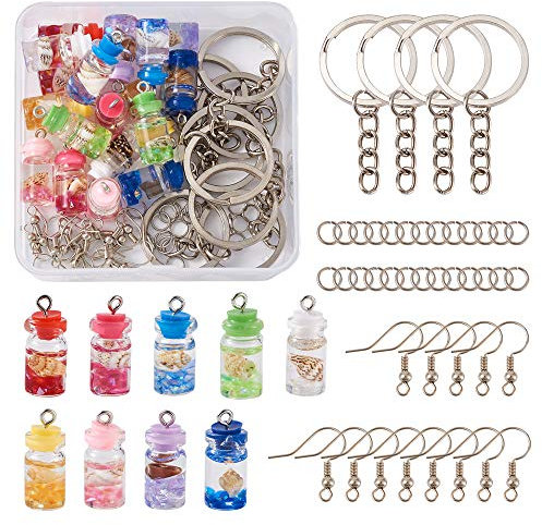 PandaHall, 27 ciondoli in resina con conchiglie all'interno 9 colori, con ciondolo per bottiglia di vetro con anelli di salto, ganci per orecchini e portachiavi