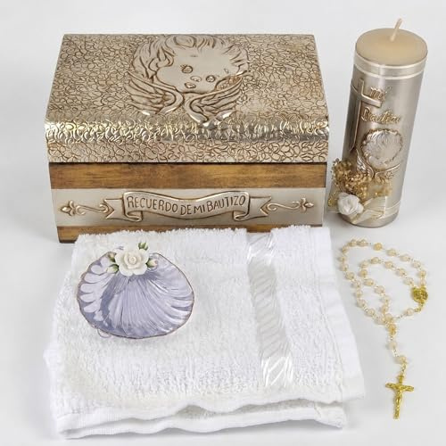 Complete Baptism Candle Set Unisex 5 pc | Baptism kit Catholic with Rosary