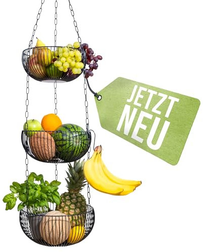 BS Obstkorb hängend – hochwertiger Hängekorb im modernen Stil Aufbewahrung Obst und Gemüse – Obstschale – Kräuterampel – Etagere – Brotkorb – Deko für Küche Haushalt inkl 2 Haken (Farbe: Schwarz)