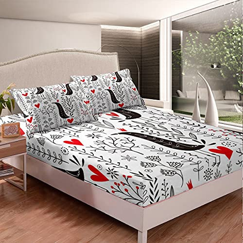Mädchen Spannbetttuch Kinder Jugendliche Vogel Blumen Spannbettlaken 140x200cm Für Frauen Ultra weich Blumen Rotes Herz Bettlaken Set Garten Natur Zimmer Dekor