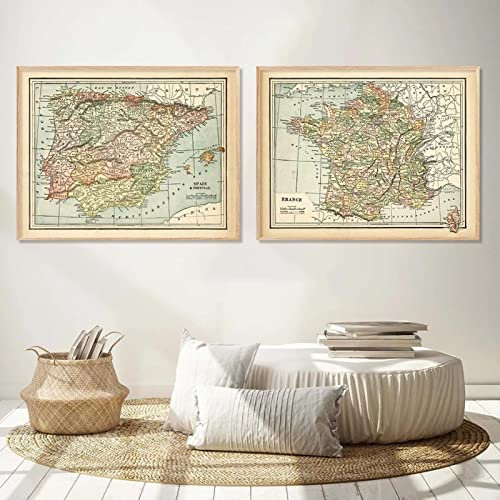 Vintage Landkarte Frankreich Spanien Portugal Poster Leinwand Malerei Wand Kunstdruck Bild Wohnzimmer Innen Wohnkultur 30x50cm (12x20in) x2 Rahmenlos