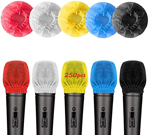 VILLPORT 250pcs Disposable Microphone Cover, Non-Woven Handheld Microphone Windscreen Protective Cap Mic Hygiene Covers with Elastic Band for Recording Room, KTV, Karaoke, Stage Performance