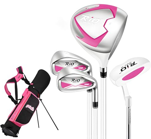 PGM Junior Golfschläger Rio Golfschläger Komplettset Rechtshänder für Kinder Kinder 6-8 Höhe: 90 cm - 120 cm, 4 Stück Jugendgolfschläger mit Standtasche für Jungen & Mädchen Rosa
