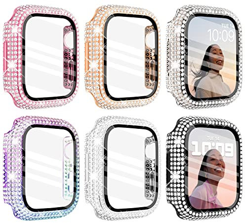 Wingle Lot de 6 coques pour Apple Watch de 41 mm Series 9 8 7 avec protecteur d'écran, plus de 400 diamants brillants avec protection d'écran en verre trempé pour femme iWatch 9 8 41 mm