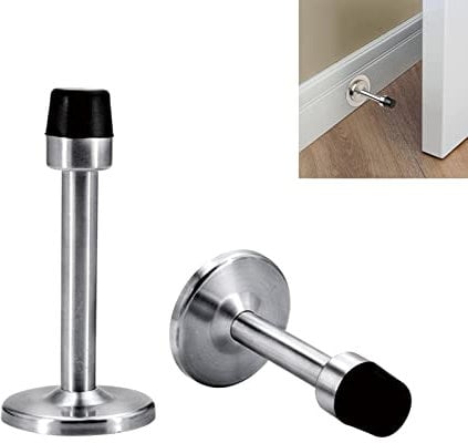 2 Pack Stainless Steel Door Stops Wall Mounted & Fittings, Adhesive Door Stopper with Rubber Buffer, Screw Fixing or Stick on Wall or Skirtings, Projection 75mm(Silver)