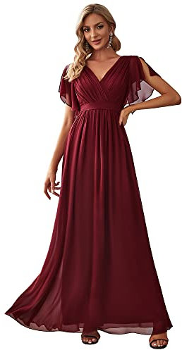 Ever-Pretty Damen Ballkleider Gürtel A-Linie Empire Kurze Ärmel V-Ausschnitt Chiffon Abendkleid Elegant Burgund 48EU