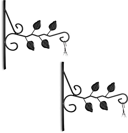 Relaxdays Blumenampel Halterung im 2er Set, Blattmotiv, schwarz | Wandmontage, HxBxT: 30x29,5x2 cm, Blumenhaken, Eisen
