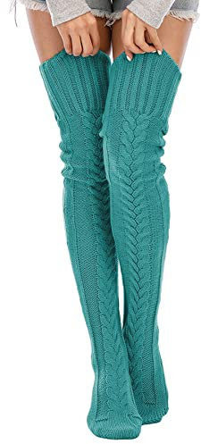 Leoparts Damen Zopfmuster Oberschenkelhohe Stiefel Socken Extra Lang Winterstrümpfe Overknee Beinstulpen, 626 - Türkis, Einheitsgröße