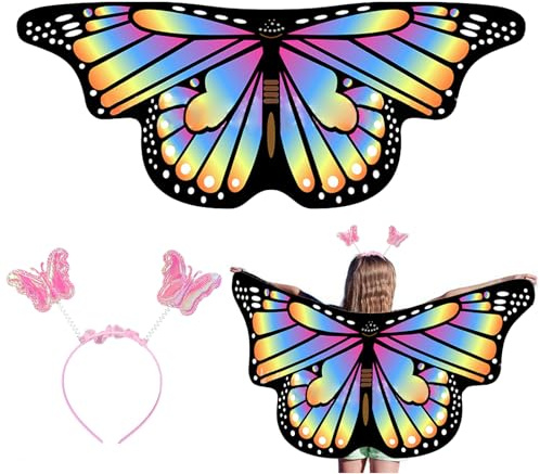EQLEF Kids Butterfly Wings Cape, Butterfly Fairy Wings with Headband Kids Butterfly Cloak Costume Butterfly Dress Up for Girls Fancy Dress Party Play Party Favor 3-6 Years Old (Rainbow color)