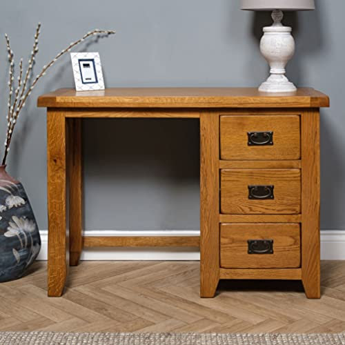 Elm home and garden Oak Single Pedistal Dressing Table With 3 Drawers Fully Assembled 75 cm high x 107 cm Wide x 44 cm Deep