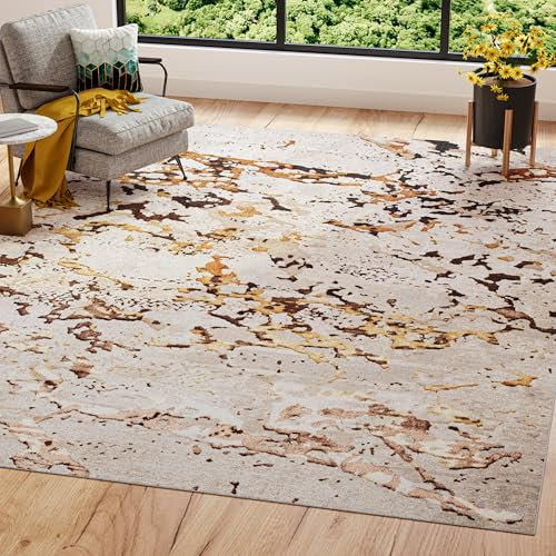 TAPISO Golden Teppich Wohnzimmer Kurzflor Schlafzimmer Luxuriös Creme Gold Abstrakt Marmor Meliert Verwischt Modern Design ÖKOTEX 140 x 200 cm