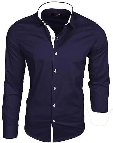 Subliminal Mode - Chemise Homme Coupe Ajuster Col et Manche Bicolore avec Un Repassage Facile Manches Longues Casual S500