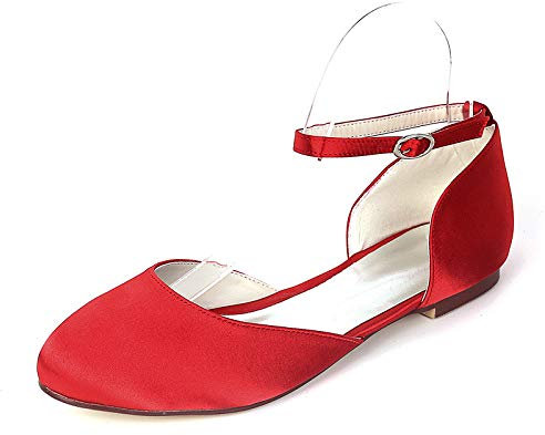 WeFloHsL Women Ankle Strap Ballet Pumps Round Closed Toe Satin Flat Prom Wedding Bridal Shoes 9872-14A,Red,3 UK