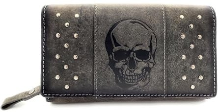 Lemasi Damen Geldbörse mit Nieten naturbelassenes Hunterleder Portemonnaie mit RFID Schutz Totenkopf (Grau Damen Totenkopf)