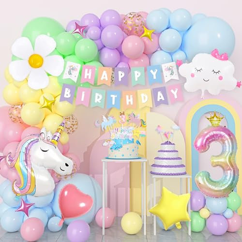 Einhorn Geburtstagsdeko 3 Jahre, Pastell Luftballons Einhorn Kindergeburtstag Deko mit Happy Birthday Banner, 3D Einhorn Luftballons, Geburtstag Tortendeko, 3 4 5 6 Jahre Geburtstagsdeko Mädchen