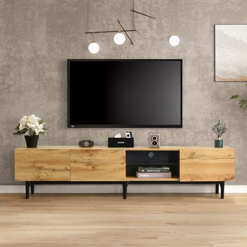 JOROBURO Moderno mueble de TV con grano de madera, consola de TV con luces LED y armario de almacenamiento, soporte multimedia multiusos para el hogar y la oficina