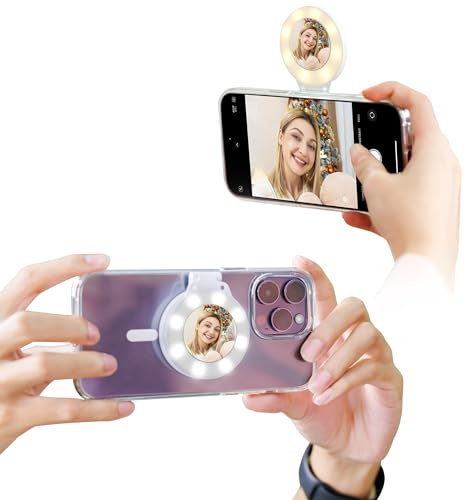 JJC Magnetic Mini LED Selfie Ring Light for Phone, Portable Vlogging Cell Fill Light with 300mAh Battery, Supports 180° Folding Tri-Color LED Video Light Dimmable 3 Levels Lighting Brightness w Mirror
