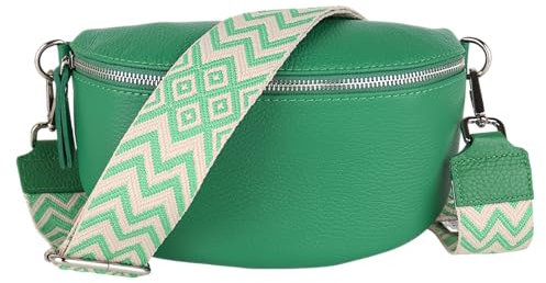 MIRROSI® Bauchtasche Damen, Echtleder, Made in Italy, Umhängetasche, Brusttasche, Crossbody Bag (1 Tasche & 2 Gurte) (Grün (Bohemian Grün), Kleine Tasche (22x13x6cm))